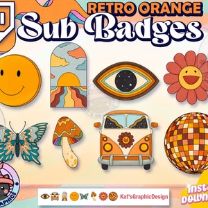 レトロオレンジのTwitchサブバッジ｜購読者バッジ｜ビットバッジ｜ストリーマー、カワイイ、70年代、80年代、90年代、ディスコ、パーティー、バス、キノコ、蝶