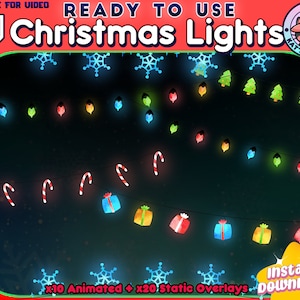 May include: A digital illustration of 10 animated and 20 static Christmas light overlays. The lights are strung on a wire and include candy canes, presents, and snowflakes. The text "Instant Download!" is in a yellow speech bubble.