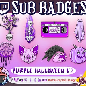 Puede incluir: Insignias de suscripción de Twitch de temática Halloween púrpura con una variedad de diseños espeluznantes que incluyen un fantasma, un murciélago, un esqueleto, una calabaza, un cuervo, un pentagrama, una cinta VHS y un árbol con murciélagos. El texto "Purple Halloween V2" está en la parte inferior de la imagen.