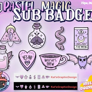 May include: A set of 10 pastel-coloured Twitch sub badges featuring various witchy and magical designs, including a potion bottle, a crescent moon, a snake, a bat, a tarot card, and a heart with the words "YES-NO" on it. The badges are designed in a cute and whimsical style.