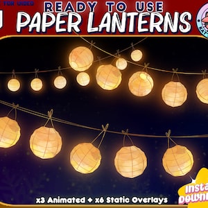 Puede incluir: Un conjunto de 9 superposiciones de linternas de papel animadas y estáticas para la edición de vídeo. Las linternas están enhebradas y brillan con una luz amarilla cálida. El texto "READY TO USE PAPER LANTERNS" está en la parte superior de la imagen. El texto "x3 Animated + x6 Static Overlays" está en la parte inferior de la imagen. El texto "Instant Download!" está en un cuadro rosa y amarillo en la parte inferior derecha de la imagen.
