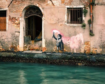 Venice Canal - Banksy Migrant Child Lifejacket Neon Pink Flare Graffiti British Urban Street Art Unofficial Print/Canvas/Acrylic/Metal