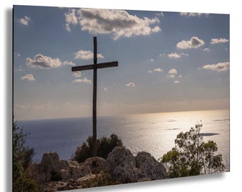 Zante Greece Sunset Print: Schiza Hill Cross, Spiritual Seascape Photography