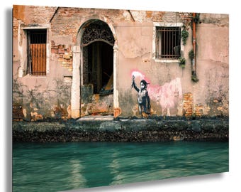 Banksy Inspired Migrant Child Mural | Venice Canal Scene Italian Street Art Fine Print