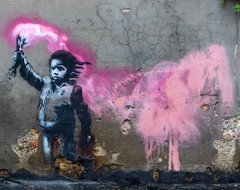 Venice canal - Banksy Migrant Child Lifejacket Neon Pink Flare Banksy Graffiti British Urban Street Art Unofficial in Venice