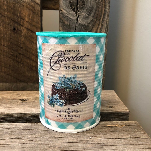 Shabby Chic Chocolate & Turquoise Up-cycled Repurposed Tin Can
