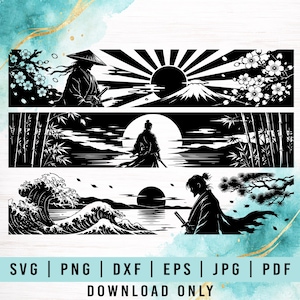 May include: Monochrome Japanese-style digital art with three horizontal panels. Each panel shows a samurai warrior with elements such as Mount Fuji, cherry blossoms, bamboo, and ocean waves. The bottom of the image includes the text "SVG | PNG | DXF | EPS | JPG | PDF DOWNLOAD ONLY."
