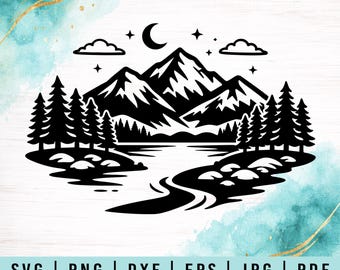 Mountain River Landscape SVG | Forest Trees, Moon, Stars (Digital Download)