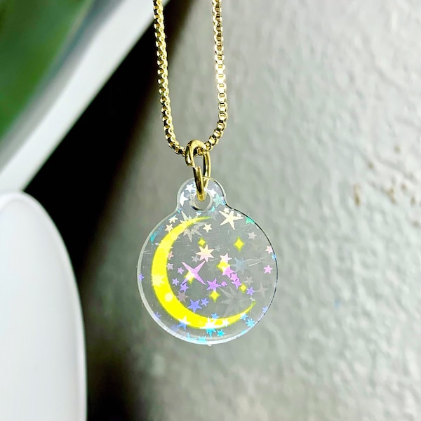 Crescent Moon Charm Necklace / dainty jewelry / acrylic moon holographic necklace /  spirituality pendant / gifts her / Halloween necklace