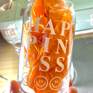 Happiness coffee glass can / smiley face glass can / happy face cup / glass cup / glass for coffee drinkers / iced coffee cup