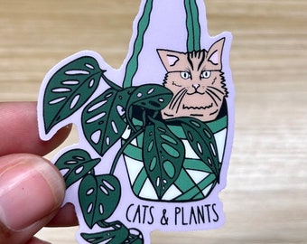 May include: A sticker featuring a cartoon cat inside a pot with a monstera plant. The text "CATS & PLANTS" is below the pot.