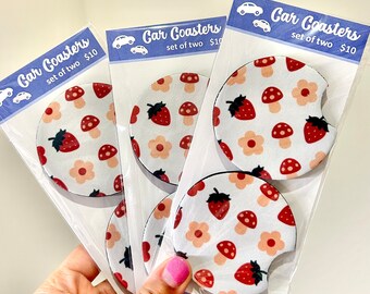 Cottage core car coasters / strawberry car coasters / mushroom car coaster / daisy car coaster / boho car coaster / trendy car coasters