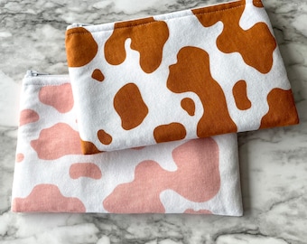 Cow print fabric pouches / pink cow print make up bag / cowgirl money bag / handmade pouch gift / cow pattern purse / southern gift