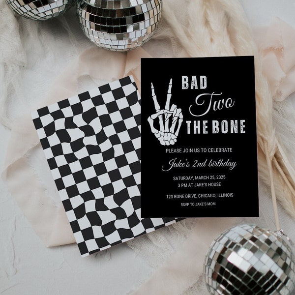 Editable Bad Two The Bone 2nd Birthday Invitation Template Biker Theme Second Birthday Boy Biker 2nd Birthday Invitation Black and White