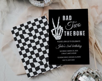 Editable Bad Two The Bone 2nd Birthday Invitation Template Biker Theme Second Birthday Boy Biker 2nd Birthday Invitation Black and White