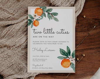 Editable Two Little Cuties Baby Shower Invitation Twin Baby Shower Ideas Summer Shower Themes For Twins Orange Baby Shower Invite Girl Boy