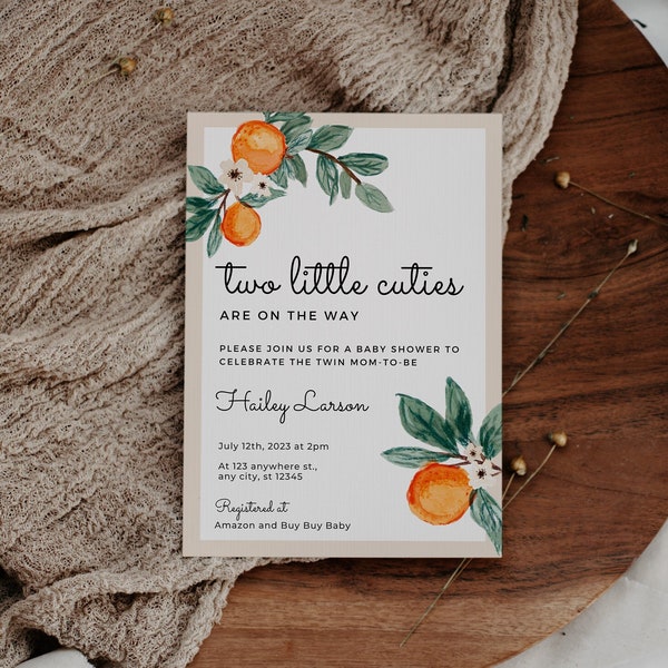 Editable Two Little Cuties Baby Shower Invitation Twin Baby Shower Ideas Summer Shower Themes For Twins Orange Baby Shower Invite Girl Boy