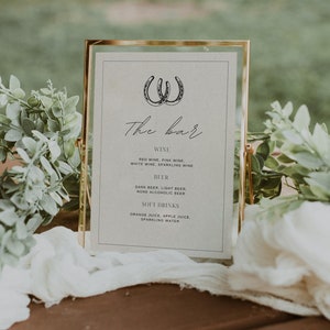 Modello di menu per bar per matrimoni in stile western modificabile, modello di menu per bar a ferro di cavallo moderno, cartello per matrimonio, cartello rustico per bevande, decorazione per tavolo da matrimonio in stile cowboy, tema western
