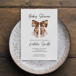 Editable Coquette Cowgirl Baby Shower Invitation Template Western Girl Baby Shower Invite Modern Cowgirl Bow Western Shower Ideas Cowhide