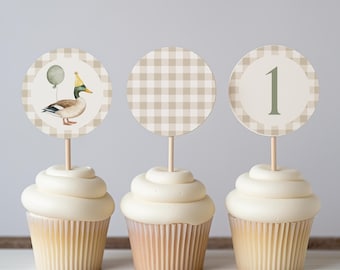 Decoración imprimible para cumpleaños con forma de pato de la suerte, adornos para cupcakes para el primer cumpleaños con temática de pato, idea de decoración para el primer cumpleaños de un niño con forma de pato real