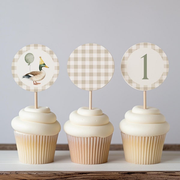 Decorazione di compleanno con anatra fortunata stampabile Tema anatra Toppers per cupcake per il primo compleanno di anatra Idea di decorazione per il primo compleanno di un bambino Anatra selvatica Compleanno