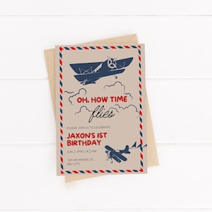 Editable Airplane 1st Birthday Invitation Time Flies 1st Birthday Invitation Vintage Plane BirthdayInvite Boy 1st Birthday Ideas Travel