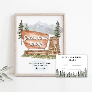 Op de afbeelding: Een printbare spelkaart met een aquarel-illustratie van een berglandschap met een bord waarop staat "Raad hoeveel..." en een kleinere kaart waarop staat "Raad hoeveel beren".