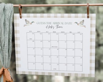 May include: A printable baby shower game with a beige and white gingham background. The game is titled "Guess the Arrival Date of Baby Thomes". The game features a calendar with the month of May and the beginning of June. The due date is circled on the calendar.