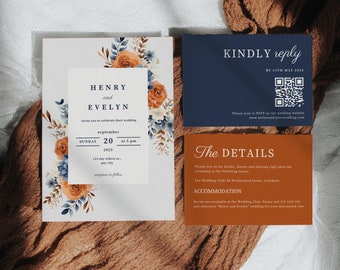 Editable Burnt Orange Wedding Invitations Set Terracotta Navy Blue Wedding Invitation with RSVP QR Code Fall Wedding Ideas Navy Burnt Orange