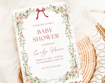 Bearbeitbare Wildblumen-Baby-Dusche-Einladung Blumenkranz-Babyparty-Einladungsvorlage Kokette Babyparty-Idee Minimalistisches Bogen-Thema