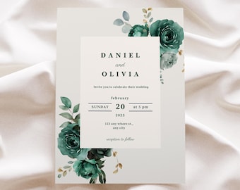 Bearbeitbare Smaragdgrüne Hochzeitseinladung Blumenhochzeit einladen Waldgrüne Hochzeitsideen Elegante Grün Laden Einladen Digitaler Download
