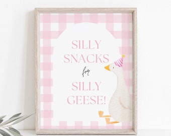 Afdrukbare Pink Silly Goose verjaardag voedsel bord gans thema tafel decor 1e verjaardag thema Silly Goose verjaardag voor meisje 1e verjaardagsideeën