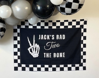 Bad Two The Bone Birthday Photo Backdrop Personalized Bad TWO The Bone Banner Checkered Print 2nd Birthday Decor Boy 2nd Birthday Ideas B54