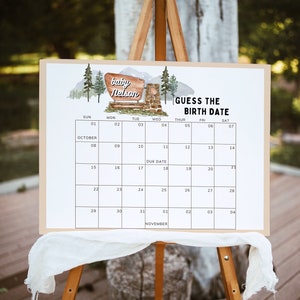 Nationalpark-Baby-Fälligkeitsdatumskalender, bearbeitbare Vorlage, Errate den Geburtstag des Babys, Nationalpark-Babyparty, Woodland-Babyparty