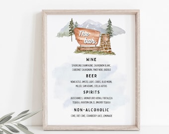 Edytowalny znak menu baru w parku narodowym Menu baru weselnego w górach Przygoda Para Podpis drinka Znak natychmiastowego pobrania Znak baru weselnego Sosna
