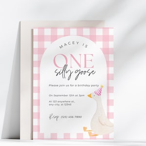 Editable One Silly Goose Birthday Invite Pink Plaid Girls First Birthday Invitation Silly Goose Invite For Girl Birthday Party Ideas Pink
