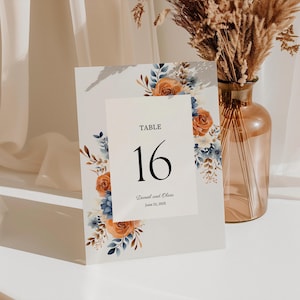Editable Navy Blue Rust Wedding Table Numbers Fall Floral Wedding Reception Table Number Rustic Boho Wedding Decor Ideas Terracotta