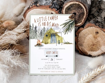 Bearbeitbare kleine Camper-Babyparty-Einladungsvorlage Lass das Abenteuer beginnen Babyparty-Einladung Camping Theme Baby Shower Ideen Junge