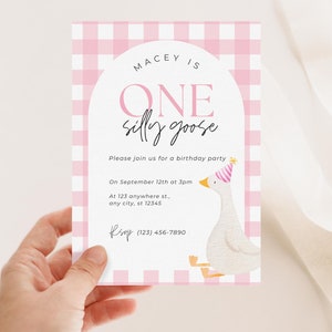 Editable One Silly Goose Birthday Invite Pink Plaid Girls First Birthday Invitation Silly Goose Invite For Girl Birthday Party Ideas Pink