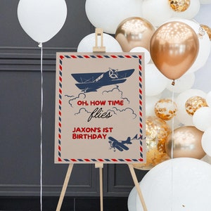 Avião editável aniversário sinal de boas-vindas tempo voa 1º aniversário cartaz de boas-vindas vintage avião decoração de aniversário primeiro aniversário ideias para menino