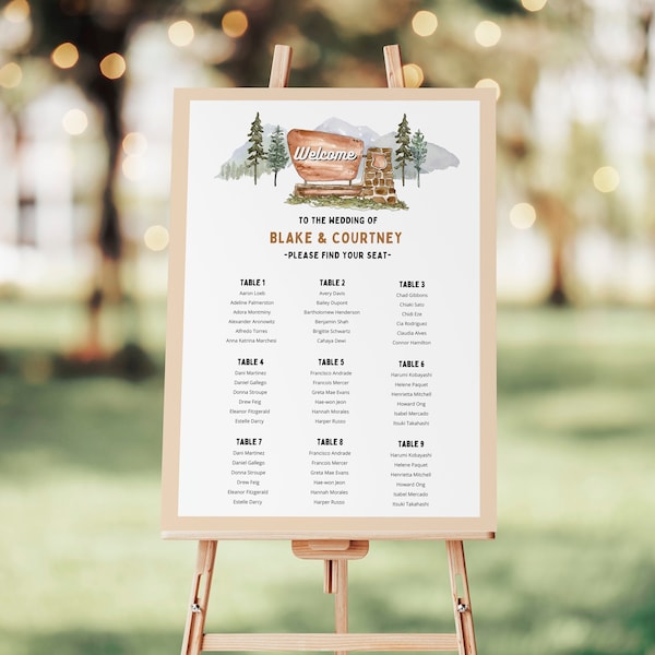 Editable National Park Seating Chart Template Mountain Seating Chart Poster Forest Lake Wedding Find Your Seat Sign Adventure Wedding Couple