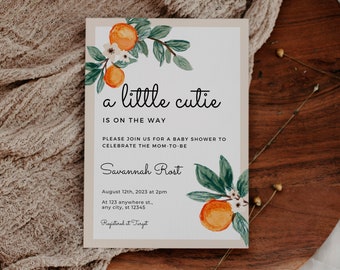 Invitación editable de Little Cutie Baby Shower, invitación de Baby Shower naranja, Little Cutie está en camino, Baby Shower, ducha neutral de género naranja