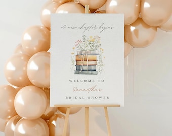 Letrero de bienvenida para despedida de soltera con tema de libro editable New Chapter Begins, ideas de decoración para despedida de soltera, flores silvestres, New Chapter, despedida de soltera, vintage