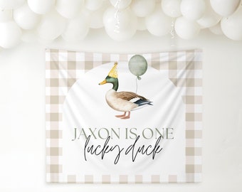 One Lucky Duck Birthday Party Decor Ideas Mallard Duck Theme Personalized Photo Backdrop Boy One Lucky Duck Custom Banner For 1st Birthday