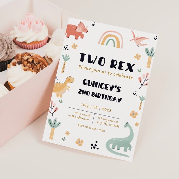 Editable Two Rex Invitation, Girl Dinosaur 2nd Birthday, Instant Download, Girl Dinosaur Birthday Invitate, Two Rex, Pink Dinosaur Birthday