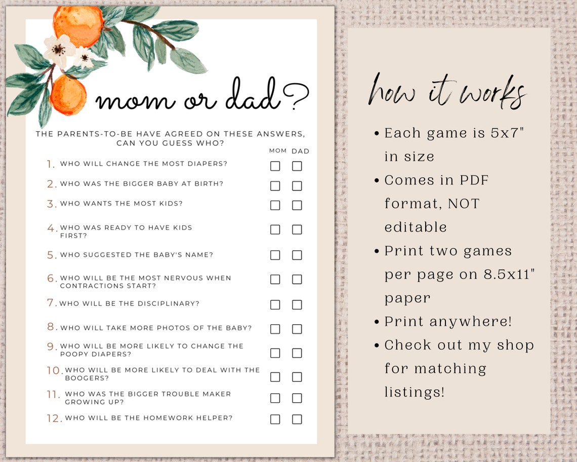 Printable Mom or Dad Baby Shower Game, A Little Cutie is on the Way