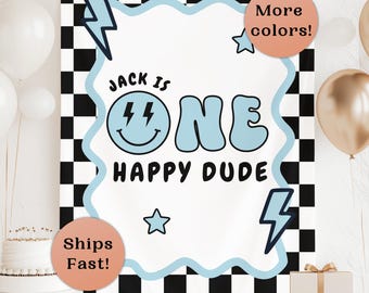Lightning Happy Dude Backdrop Blue Happy Dude Banner 1st Birthday Boy Welcome Sign Checkered Smiley Face First Birthday Cake Smash Prop B72