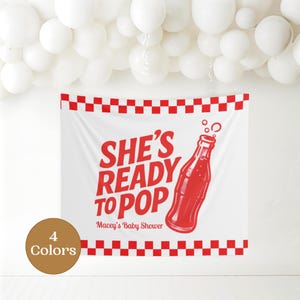 She&#39;s Ready to Pop Baby Shower Backdrop 50s Diner Baby Shower Party Decorations Retro Soda Baby Shower Custom Banner Gender Neutral Shower