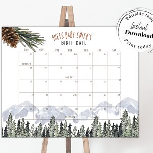 Woodland Baby Geburtsdatum Kalender, bearbeitbare Vorlage, Rate Babys Geburtstag, Camping Baby Shower, Woodland Baby Shower