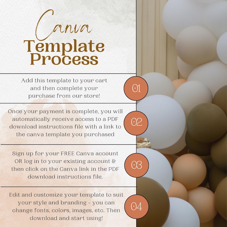 Peut inclure: Un infographique sur le processus de cr&eacute;ation de mod&egrave;les Canva avec quatre &eacute;tapes d&eacute;crites dans un encadr&eacute; de couleur p&ecirc;che sur fond blanc. Les &eacute;tapes sont num&eacute;rot&eacute;es de 1 &agrave; 4. L'arri&egrave;re-plan pr&eacute;sente un mur de ballons beiges, bruns et blancs.